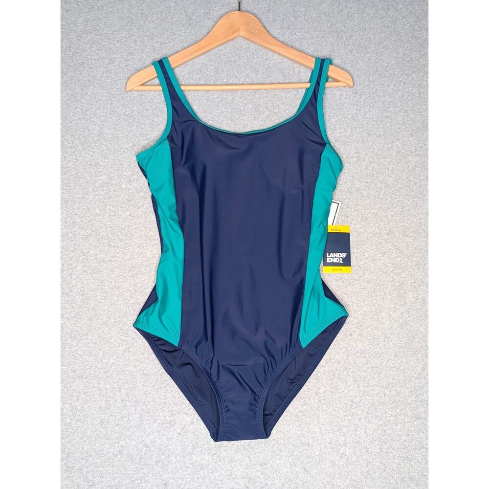 Lands’ End One Piece Swimsuit Women's Medium UPF 50+ Navy Teal Colorblock Preppy